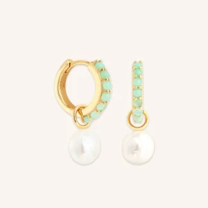 Aqua & Pearl Charm Huggies in Gold