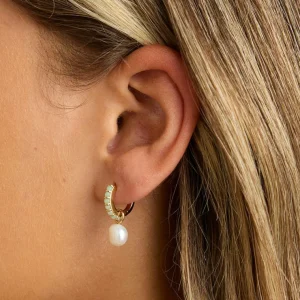 Aqua & Pearl Charm Huggies in Gold