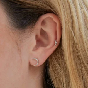 Beaded Curved Piercing Stud in Solid White Gold