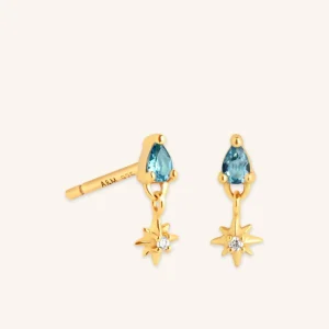 Blue Topaz Star Charm Studs in Gold