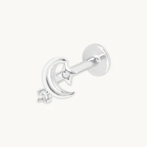 Celestial Moon Piercing Stud in Solid White Gold