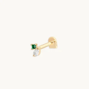 Diamond & Emerald Pear Piercing Stud in Solid Gold