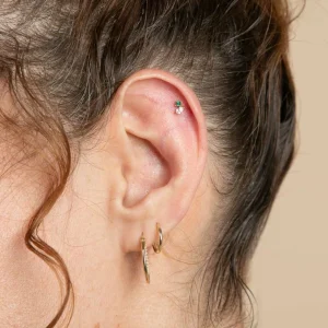Diamond & Emerald Pear Piercing Stud in Solid Gold