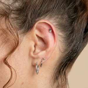 Diamond & Emerald Pear Piercing Stud in Solid White Gold