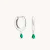 Emerald Pear Charm Huggies in Solid White Gold