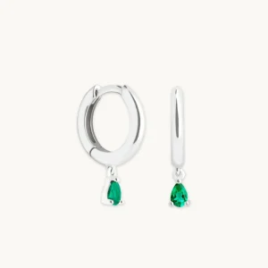 Emerald Pear Charm Huggies in Solid White Gold