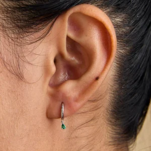 Emerald Pear Charm Huggies in Solid White Gold