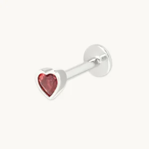 Garnet Heart Piercing Stud in Solid White Gold