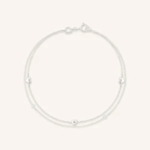 Heart Charm Double Chain Bracelet in Solid White Gold