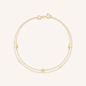 Heart Charm Double Chain Bracelet in Solid Gold