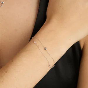 Heart Charm Double Chain Bracelet in Solid White Gold