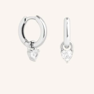Heart Crystal Charm Huggies in Silver