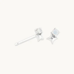 June Moonstone Birthstone Earrings in Solid White Gold