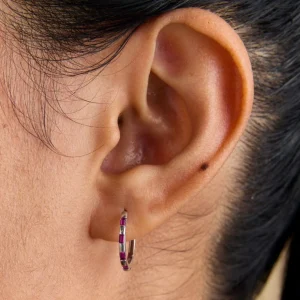 Pink Sapphire Baguette Hoops in Solid White Gold