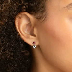 Red Heart Drop Studs in Silver
