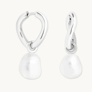 Serenity Pearl Charm Hoops in Silver