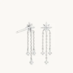 Shooting Star Chain Drop Studs in Solid White Gold