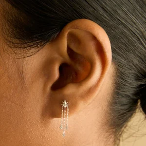 Shooting Star Chain Drop Studs in Solid White Gold