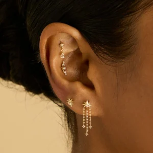 Shooting Star Chain Drop Studs in Solid Gold
