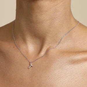 T Initial Pavé Pendant Necklace in Silver