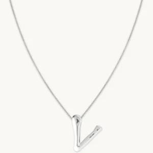 V Initial Bold Pendant Necklace in Silver