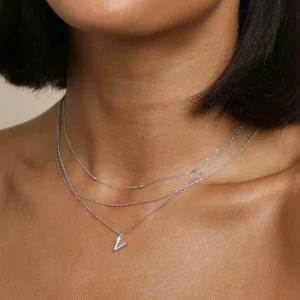 V Initial Pavé Pendant Necklace in Silver