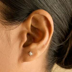 White Topaz Star Studs in Solid White Gold